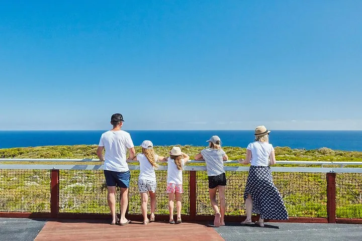 A family enjoying the panoramic ocean view from a wooden observation deck.